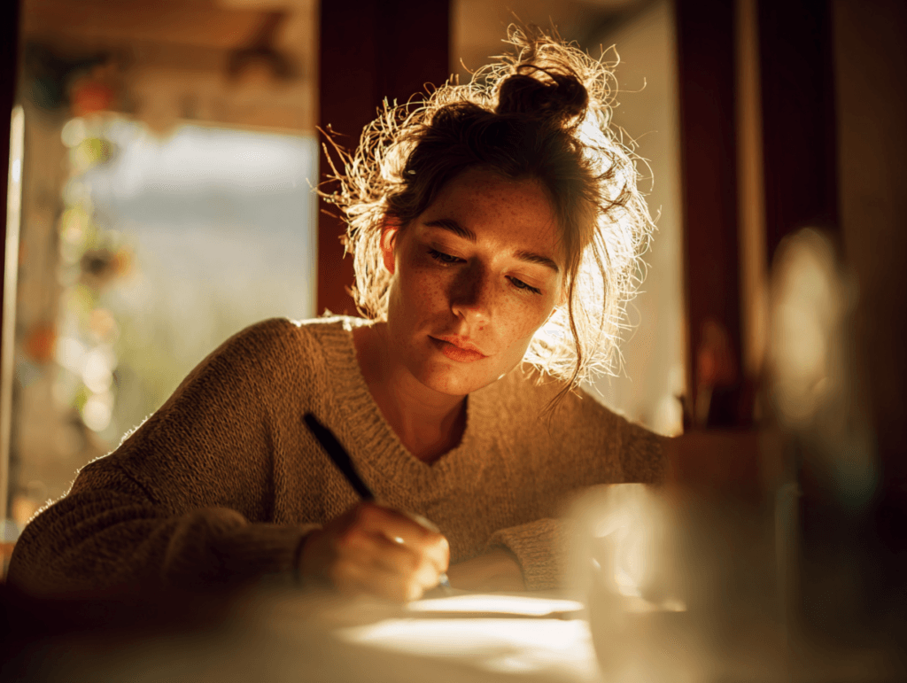 Mujer escribiendo diario para trabajar sus emociones y dejar de repetir patrones de relaciones tóxicas
