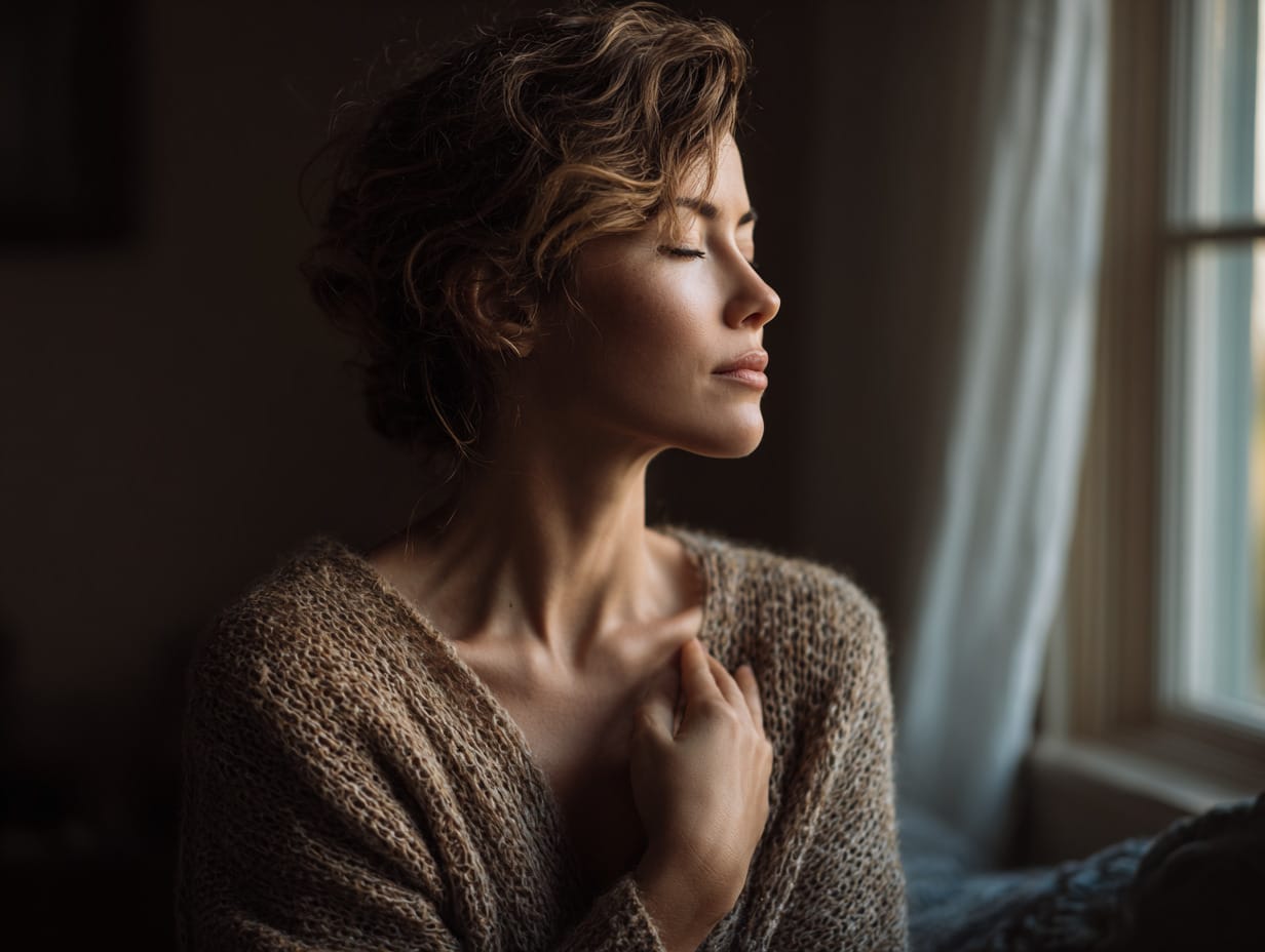 cómo gestionar el estrés emocional mujer conectando con su cuerpo y respiración