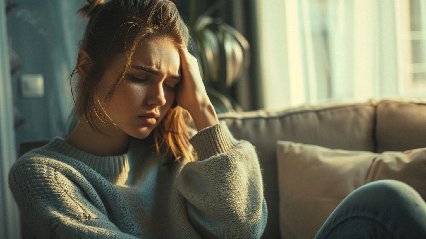 cómo manejar el estrés en casa mujer con tensión emocional en el sofá