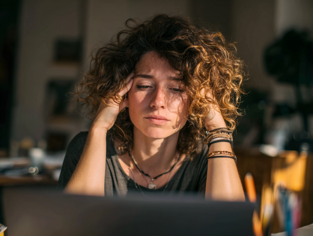 síntomas del estrés mujer trabajando con sensación de agobio